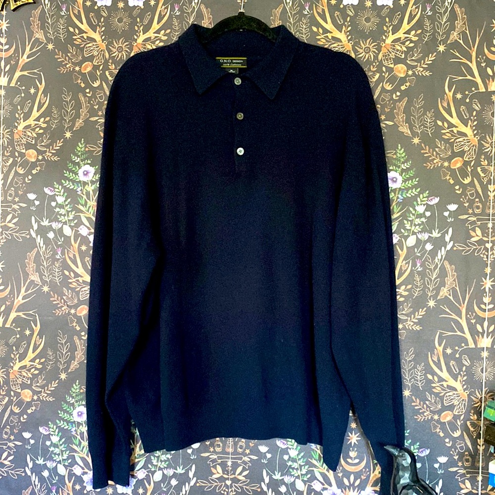 Men’s Navy Cashmere Sweater, Henley Button, Collared